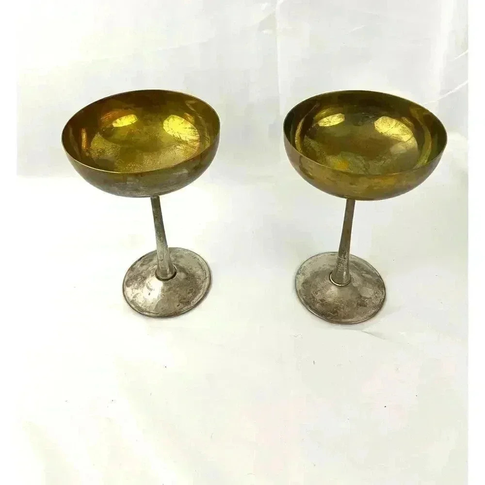 VTG Pair Leonard Silver‎ Toned Brass Tarnished Goblets Chalice